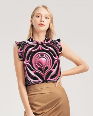 Tbd Women's All-Over Print Ruffle Sleeve Top