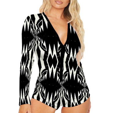 Custom Women's All Over Print V-neck Long Sleeve Rompers Short Jumpsuits